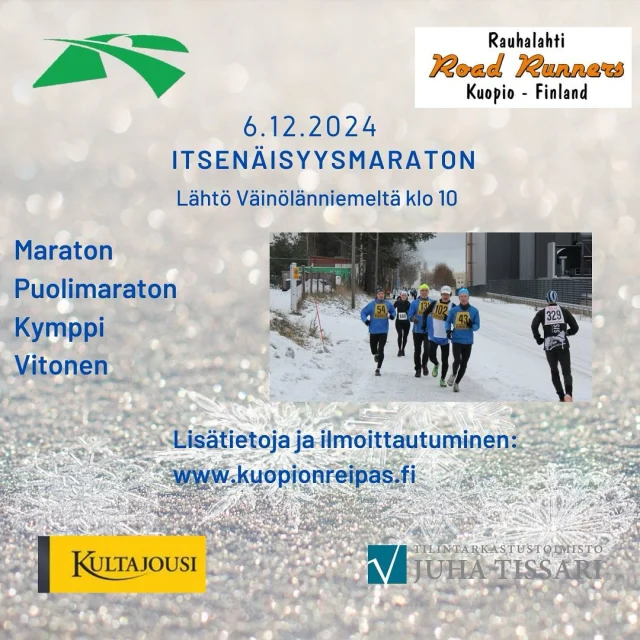 Itsenäisyysmaraton lähestyy. Nyt on hyvä aika ilmoittautua! Samassa juostaan myös kultajousi Running! #kultajousi #itsenäisyyspäivä #itsenäisyysmaraton #juoksu #tissari