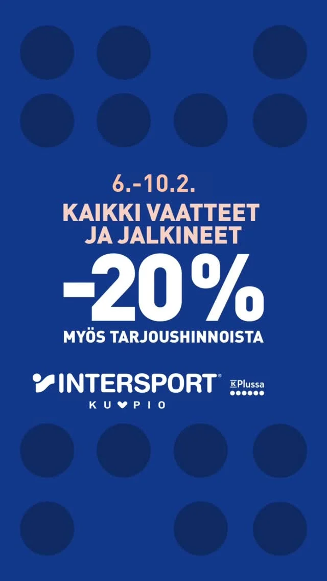 Intersport Kuopion perinteiset K-plussapäivät on alkanut! 🤩
Plussaetu on voimassa ajalla 6.2.-10.2.

K-plussakortilla -20% alennus kaikista vaatteista ja jalkineista myös tarjous hinnoista.

Tarjous ei koske seura-asuja eikä voi yhdistää muihin etuihin.

Kipin kapin kaupalle! 🏃‍♀️🏃‍♂️
@intersport.kuopio

#paekallinen #palaveleva #torinlaidalla #intersportkuopio #yhteistyökumppani