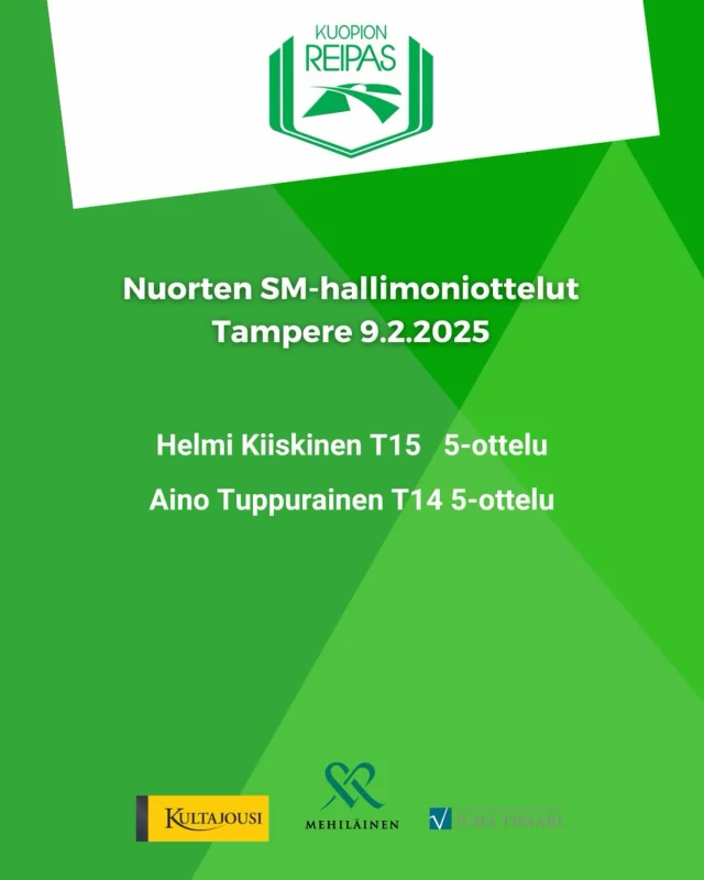 Tampereen Nuorten SM-hallimoniotteluihin lähtee Helmi ja Aino. 5-otteluun. Tsempit urheilijoille urakkaan! #kuopionreipas #yleisurheilu #moniottelut #kultajousi #tissari #mehiläinen