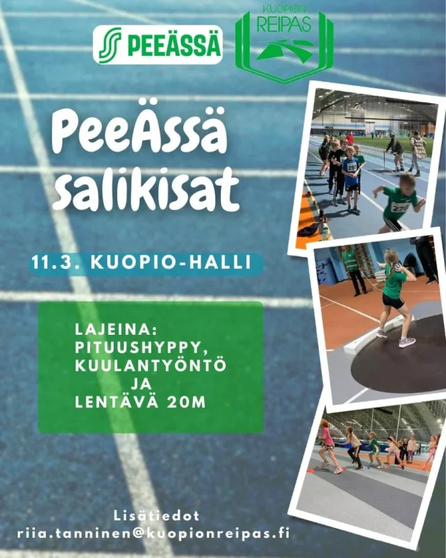 Tänään kisaillaan kevään ensimmäiset PeeÄssä salikisat Kuopio-hallilla.🤩
Vauhtiin pääsevät Kuopio-hallissa harjoittelevat yleisurheilukoululaiset.🤸‍♀️
Lajeina pituushyppy, kuulantyöntö ja lentävä 20m.🏃

@peeassa
#peeässäyleisurheilukoulu #peeässä #peeässäkisat #nuorisoyleisurheilu #liikunnanilo #kuopionreipas