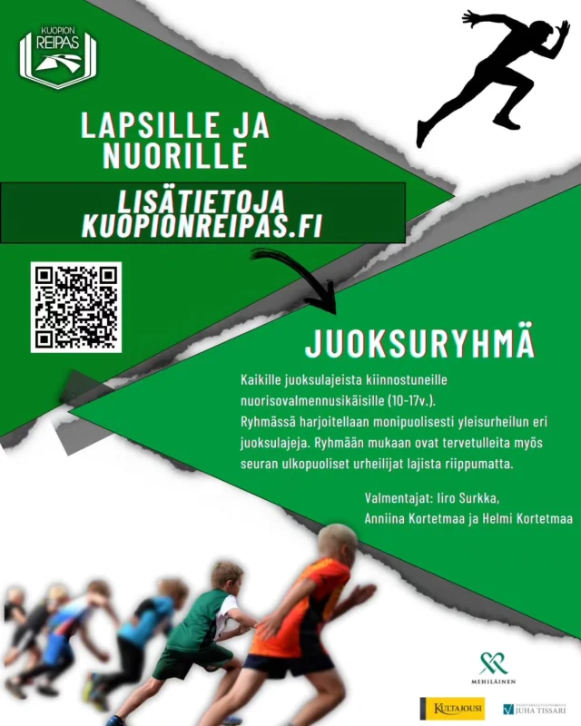Juoksuryhmä starttaa viikolla 40! 🏃‍♀️🏃🏼‍♂️

✅️ Kenelle:
Kaikille erityisesti juoksulajeista kiinnostuneille nuorisovalmennusikäisille (10-17v). 
Mukaan ovat tervetulleita myös seuran ulkopuoliset urheilijat lajista riippumatta.

✅️ Missä ja milloin:
Harjoitukset maanantaisin klo.17.30-19.00 Kuopiohallilla, 29.9. alkaen.

✅️ Valmentajat:
Iiro Surkka, Anniina Kortetmaa ja Helmi Kortetmaa

✅️ Lisätiedot ja ilmoittautuminen:
https://kuopionreipas.fi/lapset-ja-nuoret/juoksuryhma/

Tervetuloa mukaan! 🤩💚

#kuopionreipas #yleisurheilu #juoksuryhmä