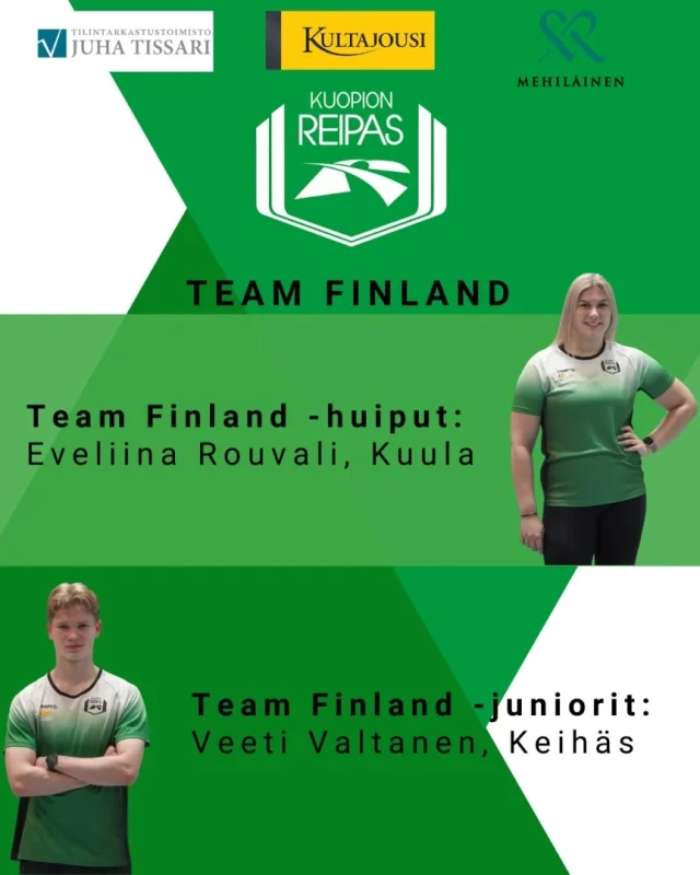Suomen Urheiluliitto on julkaissut Team Finland -valmennusryhmien urheilijat. Kuopion Reippaalta kutsun sai 2 urheilijaa. 
Team Finland -huippuihin valittiin Eveliina Rouvali lajinaan kuula ja Team Finland -junioreihin Veeti Valtanen lajinaan keihäs.🤩

#kuopionreipas #yleisurheilu #kultajousi #mehiläinen