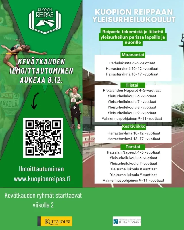 Kevätkauden ryhmien ilmoittautuminen on nyt auki!🤩
Paikkoja on rajoitetusti aina ryhmästä riippuen ja paikat täytetään ilmoittautumisjärjestyksessä. Varaathan paikkasi siis ajoissa!🏃🏼‍♀️

Yleisurheiluharjoituksissa käymme läpi monipuolisesti yleisurheilun eri lajeja ja harjoittelemme lapsille ja nuorille tärkeitä liikunnan perustaitoja. Hauskojen pelien ja leikkien lomassa myös sosiaaliset taidot pääsevät kehittymään. 
Yleisurheilu on hauska ja monipuolinen harrastus, joka sopii loistavasti kaveriksi myös muiden harrastusten kylkeen!🤝💚

Tarjoamme ryhmiä 3-vuotiaista alkaen. Ryhmiä järjestetään eri puolilla Kuopiota. Kaikille löytyy siis varmasti sopiva ryhmä!🤗

Lisätietoja löydät www.kuopionreipas.fi. 

#kuopionreipas
#yleisurheilu #nuorisoyleisurheilu harrastuskuopio perheliikunta