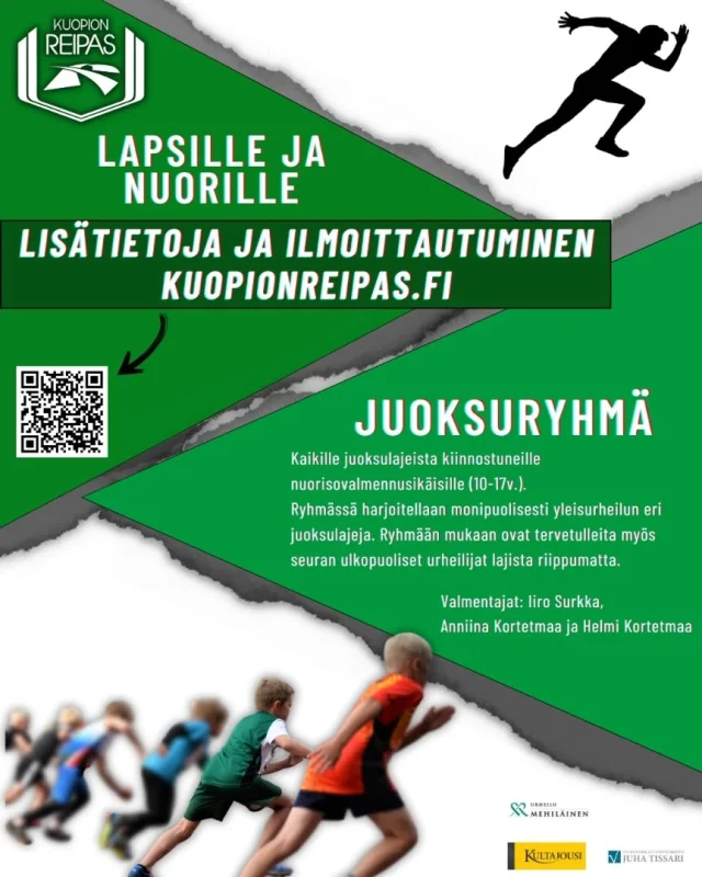 Juoksuryhmä saa jatkoa kevätkaudella!🏃🏼‍♂️🥳

✅️ Kenelle:
Kaikille erityisesti juoksulajeista kiinnostuneille nuorisovalmennusikäisille (10-17v). 
Mukaan ovat tervetulleita myös seuran ulkopuoliset urheilijat lajista riippumatta.

✅️ Missä ja milloin:
Harjoitukset maanantaisin klo.17.30-19.00 Kuopiohallilla, 12.1. alkaen.

✅️ Valmentajat:
Iiro Surkka, Anniina Kortetmaa ja Helmi Kortetmaa

✅️ Lisätiedot ja ilmoittautuminen:
https://kuopionreipas.fi/lapset-ja-nuoret/juoksuryhma/

Tervetuloa mukaan! 🤩💚

#kuopionreipas #yleisurheilu #juoksuryhmä