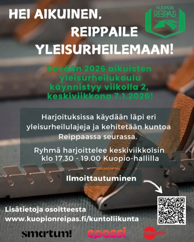 Aikuisten yleisurheilukoulun kevätkauden harjoitukset starttaavat keskiviikkona 7.1! 🏃‍♀️🏃🏼‍♂️

Harjoituksissa yleisurheilulajeja käydään läpi monipuolisesti kuitenkin osallistujien toiveita kuunnellen. Harjoitukset suunnitellaan kaikille sopivaksi. Aikaisempaa lajikokemusta ei tarvita!

Löydät lisätietoja ja pääset ilmoittautumaan mukaan Reippaan nettisivujen kautta www.kuopionreipas.fi/kuntoliikunta.

Tervetuloa mukaan reippaaseen, mutta rentoon porukkaan! 🤩

#kuopionreipas #yleisurheilu #kuntoliikunta