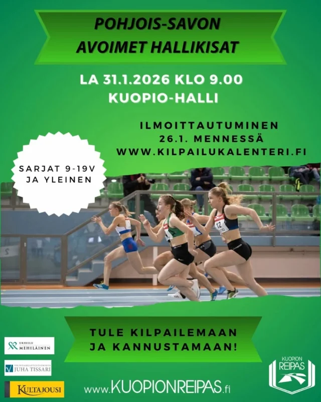 Lauantaina 31.1.2026 kilpaillaan Pohjois-Savon avoimet hallikisat Kuopio-hallissa.🏃🏼‍♀️
Tule laittamaan ennätykset uusiksi nopealla mondolla tai nauttimaan tunnelmasta kannustajan roolissa!🙌
Ilmoittautuminen kilpailukalenterin kautta 26.1. mennessä.
 #yleisurheilu #kuopionreipas #kuopiohalli #hallikisat #kuopio