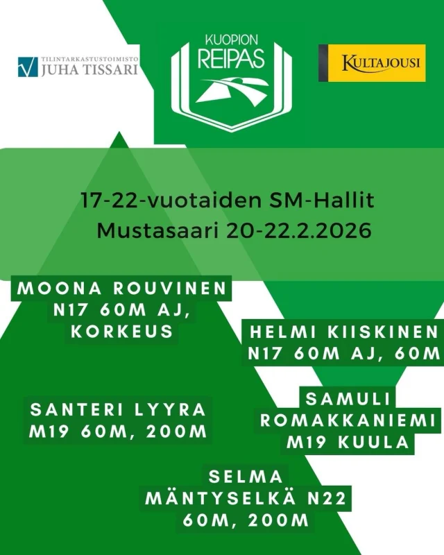 Perjantaista sunnuntaihin kilpaillaan 17-22-sarjojen halli Suomenmestaruuksista Mustasaaressa. Reippaalta lähtee kisoihin 5 urheilijaa. Lue ennakkoa nettisivuilta. #yleisurheilu #kultajousi #tissari #kuopionalueenurheiluakatemia