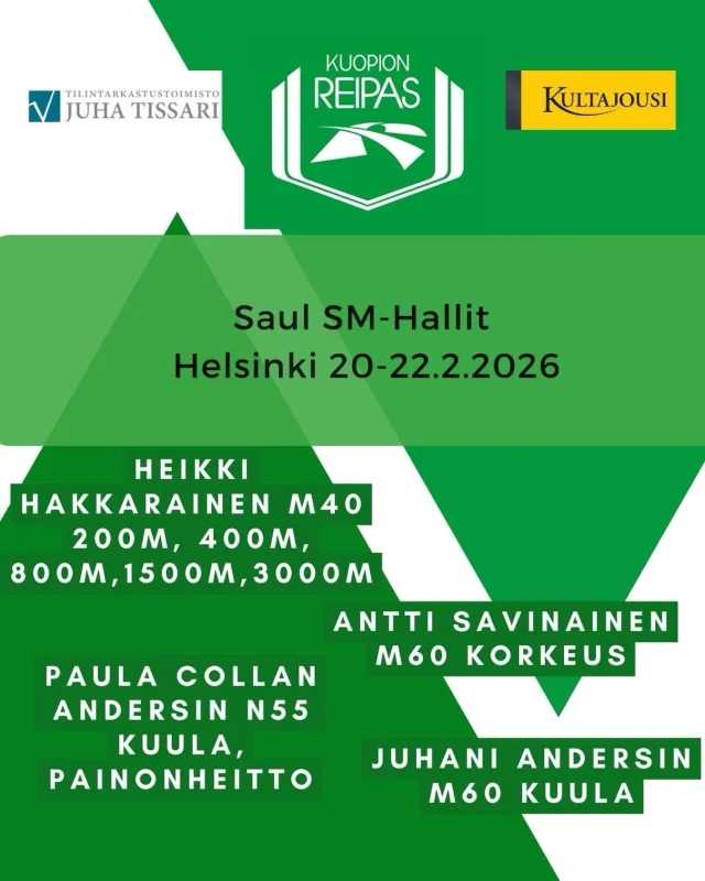 Viikonloppuna kilpaillaan myös Saulin SM-hallit Helsingissä. Reippaasta mukana 4 kilpailijaa. Ennakko reippaan sivuilla. #kultajousi #tissari #yleisurheilu #aikuisurheilu #aikuisurheiluliitto