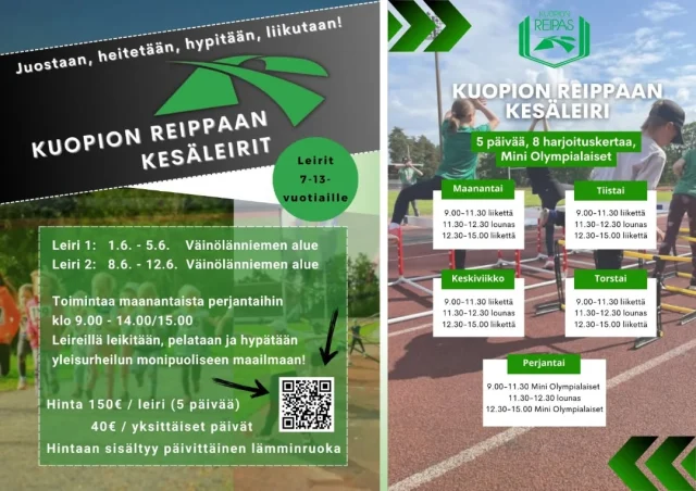 Kuopion Reippaan kesäleirit järjestetään taas kesällä 2026!☀️

Löytyykö kenties teidän tai tuttavien perheestä energisiä 7-13-vuotiaita lapsia, jotka kaipaavat hauskaa ja liikunnallista tekemistä kesälle? 
Meillä olisi teille täydellinen ehdotus!☝

Reippaan kesäleireillä liikutaan maanantaista perjantaihin ja syvennytään yleisurheilulajeihin jokaiselle osallistujalle yksilöllisesti sopivalla tasolla. Leirille voi siis osallistua ilman aiempaa liikuntaharrastusta, toisen lajin harrastajana tai jo yleisurheilutaustaa omaavana. Kaikki mukaan vaan!🤩
Yleisurheilulajien lisäksi leirillä leikitään, pelaillaan ja harjoitellaan monipuolisesti perusliikuntataitoja.🏃🏼‍♀️🤸

🗓 Leiri 1: 1.6. - 5.6.
🗓 Leiri 2: 8.6.- 12.6.
📍 Väinölänniemen urheilukenttä / ympäristö
💰 1 viikko (5pv) 150€, yksittäinen leiripäivä 40€

Lisätietoja ja ilmoittautuminen Kuopion Reippaan sivuilta www.kuopionreipas.fi/kesaleirit

#kuopionreipas #kesäleiri #yleisurheilu #kuopio #koululaistenkesäloma