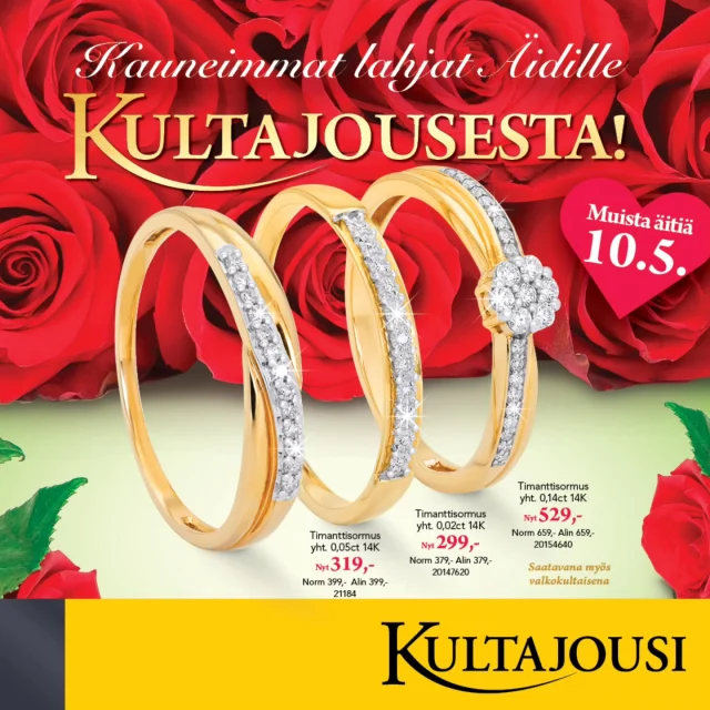 Kauneimmat lahjat 💖 Hänelle!

Kevät ja kesä on täynnä juhlaa! 🌸 Kultajousesta löydät ikimuistoisen lahjan niin itselle kuin 💖 Hänelle!

Tervetuloa palveltavaksi 💛 Kultajouseen!
@kultajousi_oy
@kultajousi_puijonkatu
@kultajousi_kolmisoppi
@kultajousi_matkus

#kultajousi #timanttisormus #diamondring #muistaäitiä #yhteistyökumppani