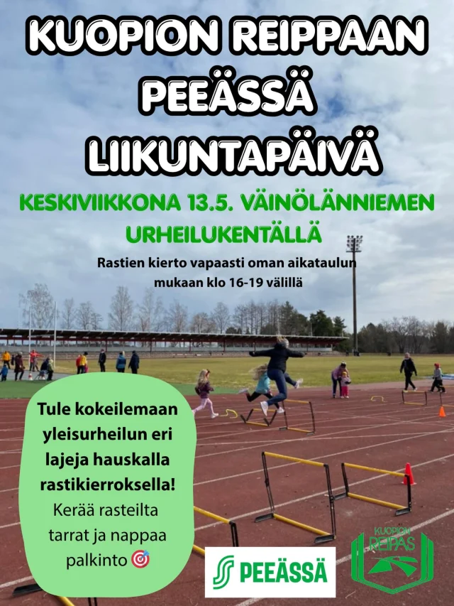 Tervetuloa Kuopion Reippaan Peeässä liikuntapäivään!

Tule kokeilemaan yleisurheilun eri lajeja hauskalla rastikierroksella 💚
Voit kiertää rasteja omaan tahtiin klo 16-19 välillä - nappaa kaveri mukaan ja lähde liikkeelle.

📍 Väinölänniemen urheilukenttä
📅 Keskiviikkona 13.5.
⏰ Klo 16-19 

✨ Tapahtuma on maksuton ja sopii kaiken ikäisille

Nähdään kentällä!🙌

@peeassa