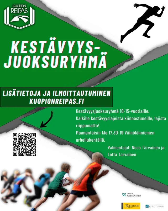 Kestävyysjuoksuryhmä 10-15-vuotiaille🏃‍♂️

Kiinnostaako juokseminen tai haluatko kehittää kuntoasi hyvässä porukassa? Tule mukaan kestävyysjuoksuryhmään!

Ryhmä sopii kaikille - myös seuran ulkopuolisille, lajista riippumatta.

📍 Väinölänniemen urheilukenttä
📅 Maanantaisin
⏰ klo 17.30-19

Tule mukaan kehittymään💪

#kestävyysjuoksu #yleisurheilu #kuopio #nuoretliikkuu #liikunnanilo