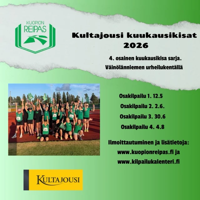 Ensi viikolla alkavat Kultajousi kuukausikisat. Kultajousi kuukausikisat ovat neljän osakilpailun mittainen kilpailusarja 9-15-vuotiaille.  Samaan aikaan kilpaillaan myös 5-7-vuotiaiden seurakisa. 12.5 juostaan myös kilpailijoiden vanhemmille tarkoitettu 800m juoksu. Vanhempien startti on osa kansallisen juoksupäivän tapahtumia. #kultajousi #kansallinenjuoksupäivä #kuukausikisat #seurakisat