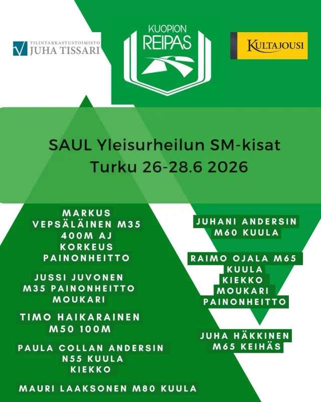 Perjantaista sunnuntaihin kilpaillaan Turussa aikuisurheiluliiton suomenmestaruuksista yleisurheilussa. Reipaasta mukana kahdeksan urheiljaa. #saul #yleisurheilu #kultajousi #tissari