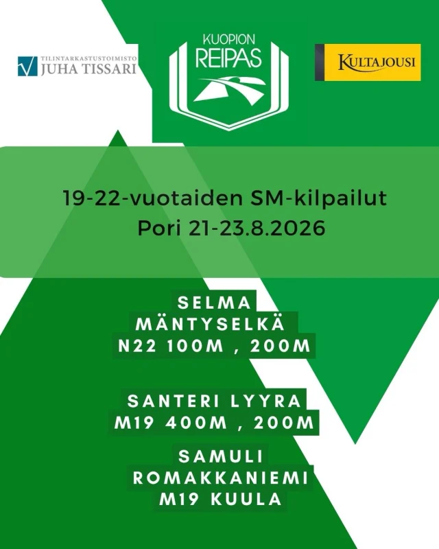Perjantaista sunnuntaihin kilpaillaan 19-22- sarjojen Suomenmestaruuksista Porissa. Reippaasta mukana 3 urheilijaa. #yleisurheilu #kultajousi #tissari #smkisat