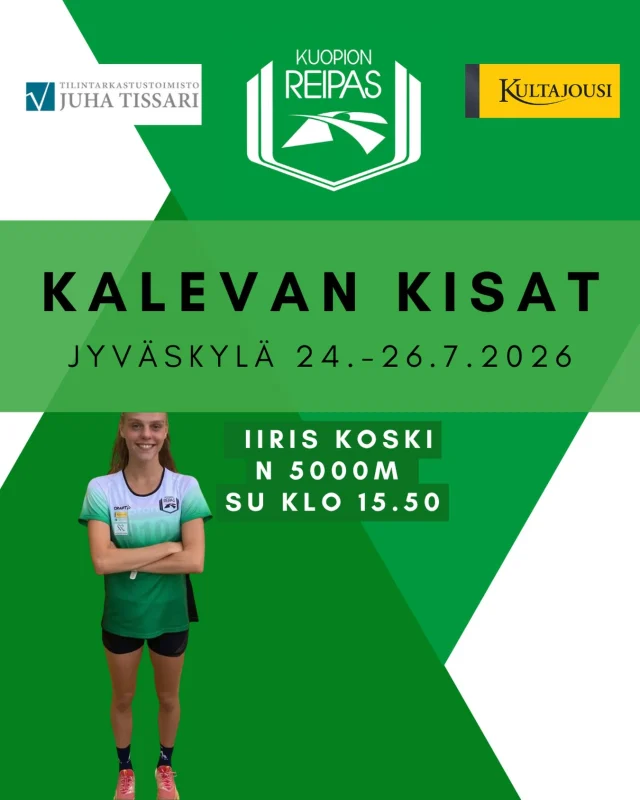 Kalevan kisat kutsuvat! 🏃‍♀️

Kuopion Reippaan Iiris Koski kilpailee tulevana viikonloppuna Jyväskylän uudistetulla Harjun stadionilla naisten 5000 metrillä.

📅 Naisten 5000 metrin finaali juostaan sunnuntaina klo 15.50.

Tsemppiä kisaan, Iiris!💚

#kuopionreipas #kalevankisat #yleisurheilu