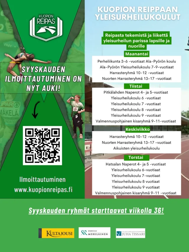 Syyskauden ryhmien ilmoittautuminen on nyt auki!🍁🤩
Paikat täytetään ilmoittautumisjärjestyksessä, joten varaathan paikkasi ajoissa!🏃🏼‍♀️

Yleisurheiluharjoituksissa käymme läpi monipuolisesti yleisurheilun eri lajeja ja harjoittelemme lapsille ja nuorille tärkeitä liikunnan perustaitoja. Hauskojen pelien ja leikkien lomassa myös sosiaaliset taidot pääsevät kehittymään. 
Yleisurheilu on hauska ja monipuolinen harrastus, joka sopii loistavasti kaveriksi myös muiden harrastusten kylkeen!🤝

Tarjoamme ryhmiä 3-vuotiaista alkaen aina aikuisten yleisurheilukouluun asti. Ryhmiä järjestetään eri puolilla Kuopiota, joten kaikille löytyy siis varmasti sopiva ryhmä!🤗

Tule viettämään syksy yleisurheilun parissa!💚

Lisätiedot ja ilmoittautuminen www.kuopionreipas.fi. 

#kuopionreipas
#yleisurheilu #harrastuskuopio