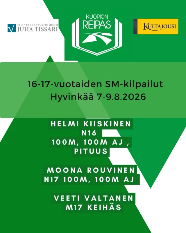 Viikonloppuna kilpaillaan 16-17-vuotiaiden SM-kisat. Reippaasta mukana kolme urheilijaa. Nettisivuilla ennakkojuttua kisoista. #yleisurheilu #kultajousi #tissari #smkisat