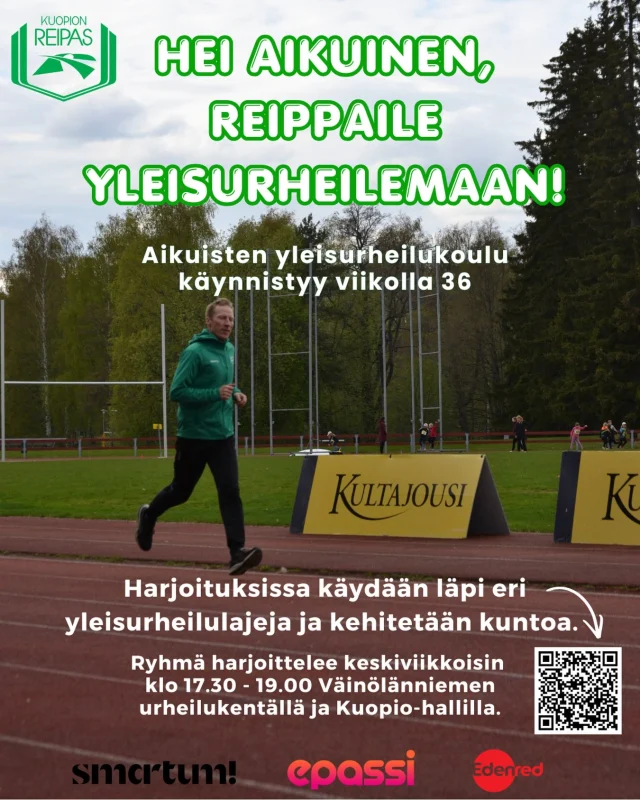 Aikuisten yleisurheilukoulu alkaa viikolla 36!🏃‍♂️

Haluatko monipuolista liikuntaa, kehittää kuntoasi tai tutustua yleisurheilulajeihin?
Tule mukaan Reippaan aikuisten yleisurheilukouluun - aiempaa kokemusta et tarvitse.

📍Syyskuussa harjoitukset Väinölänniemen urheilukentällä. Lokakuusta alkaen harjoittelemme Kuopio-hallilla.

🕙 Harjoitukset keskiviikkoisin klo 17.30-19

Lisätiedot ja ilmoittautuminen löytyvät QR-koodin kautta tai seuran nettisivuilta kohdasta Kuntoliikunta.
