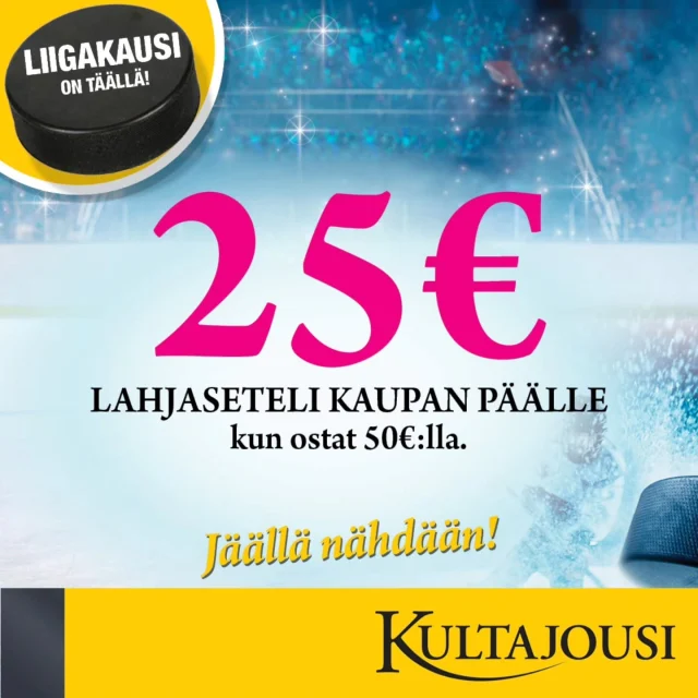🏒✨ Kultajousessa on alkanut uusi Jäällä Nähdään -kampanja!

Nyt kannattaa tulla ostoksille, sillä saat 25 € arvoisen lahjasetelin kaupan päälle, kun teet vähintään 50 € ostoksen. 💛

Hyödynnä etusi ja löydä samalla uusi suosikkikorusi tai täydellinen lahja.

Psst.. Liiga-kausi starttaa tänään! Jäällä nähdään!

Tervetuloa ostoksille 💛 Kultajouseen! 
@kultajousi_oy
@kultajousi_puijonkatu
@kultajousi_kolmisoppi
@kultajousi_matkus

#Kultajousi #JäälläNähdään #Lahjaseteli #Liiga #Liigakausi