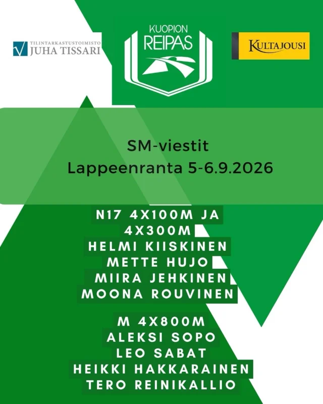 Viikonloppuna kilpaillaan ratakauden viimeiset SM-kisat viestien merkeissä. Reippaasta mukana N17 4x100m ja 4x300m sekä M 4x800m #kuopionreipas #smviestit #kultajousi #tissari #yleisurheilu