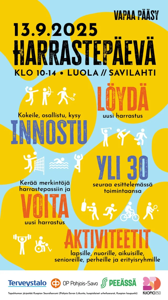Kuopion Reipas on mukana Harrastepäivässä! 💚 Tule moikkaamaan meitä, tutustumaan toimintaamme ja kokeilemaan, voisiko juuri meidän lajistamme löytyä sinulle uusi harrastus.

Päivän aikana pääset kiertämään erilaisia toimintapisteitä ja kokeilemaan monipuolisesti eri lajeja. Nappaa mukaan harrastepassi, kerää merkinnät kokeiluista ja osallistu täydellä passilla arvontaan! 

Harrastepäivä sopii kaikenikäisille ja tarjoaa loistavan mahdollisuuden löytää juuri se oma juttu. Olitpa sitten etsimässä uutta harrastusta, palaamassa liikunnan pariin tai vain utelias kokeilemaan jotain uutta.

Tapahtuman järjestää Kuopion seurafoorumi (Pohjois-Savon Liikunta, Kuopiolaiset urheiluseurat, Kuopion kaupunki)

Nähdään Harrastepäivässä! 💚✨

 #harrastepäevä #liikkuvakuopio #tapahtuma #luola #kuopionseurafoorumi @liikkuvakuopio @kuopionkaupunki @terveystalo @op_pohjoissavo @peeassa